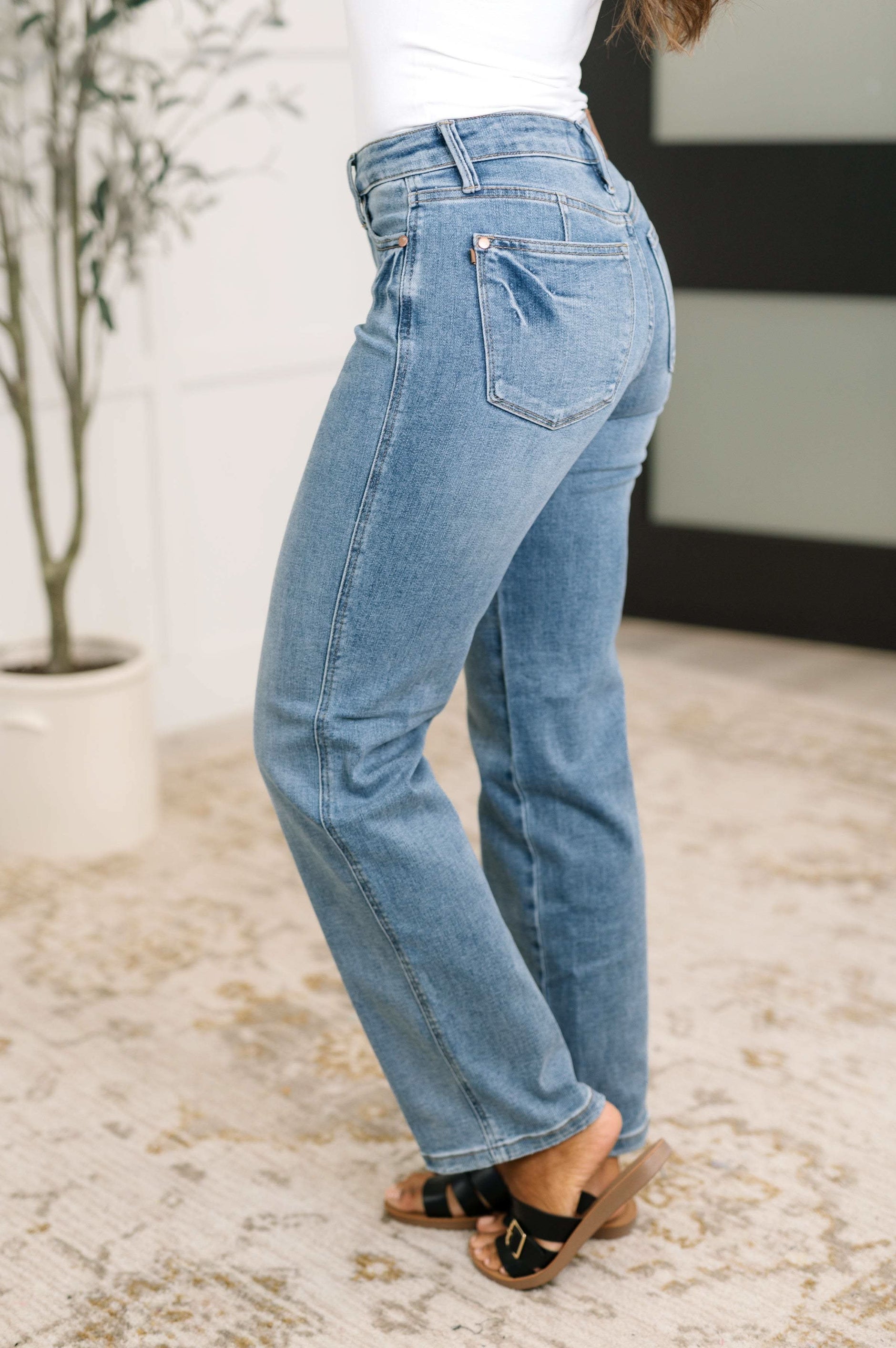Corrine Mid Rise Control Top Vintage Straight Jeans - SwagglyLife Home & Fashion